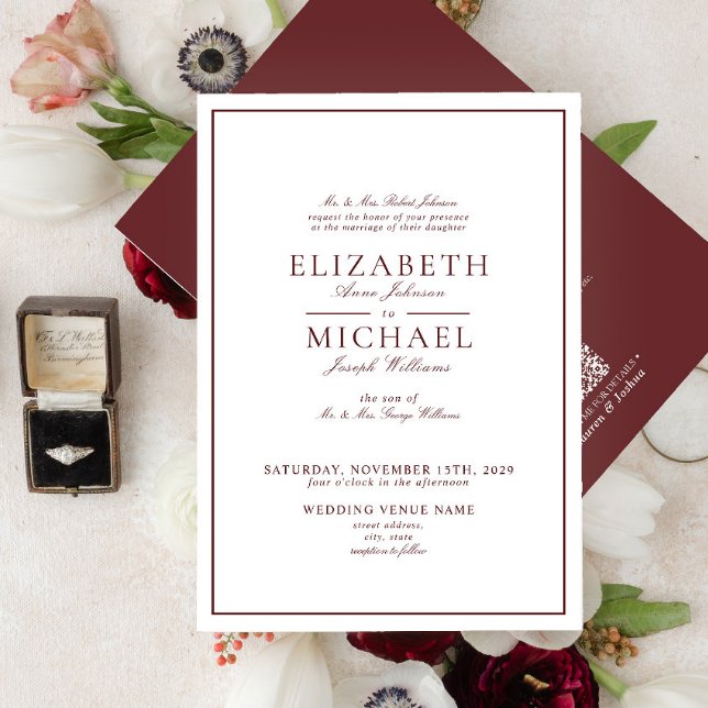 QR Code Burgundy Classic Script Wedding Invitation (Creator Uploaded)