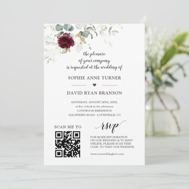 QR Code Burgundy Floral Greenery Gold Wedding Invitation (Standing Front)