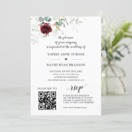 QR Code Burgundy Floral Greenery Gold Wedding Invitation