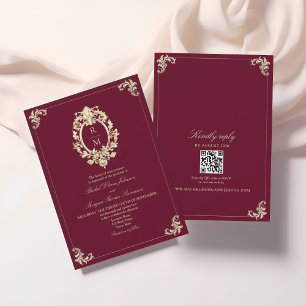 QR Code Burgundy Gold Baroque Wedding Invitation