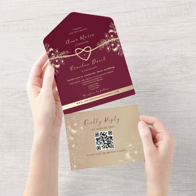 QR Code Burgundy Gold Floral Wedding All In One Invitation (Tearaway)