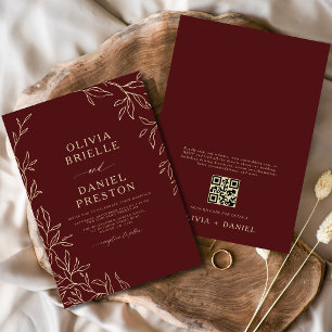 QR Code Burgundy & Gold Minimal Leaf Wedding Invitation
