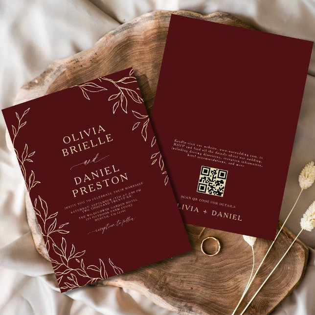 QR Code Burgundy & Gold Minimal Leaf Wedding Invitation (Creator Uploaded)