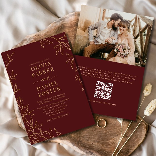 QR Code Burgundy Gold Photo Elegant Wedding Invitation (Creator Uploaded)
