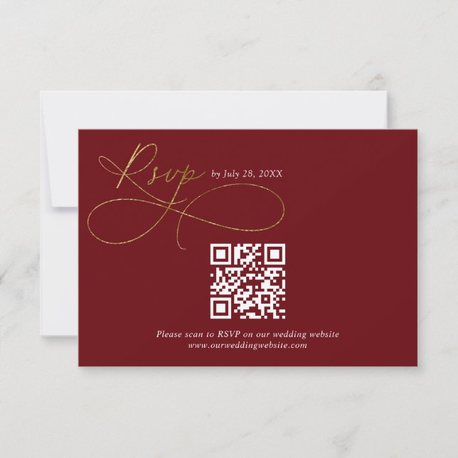 QR Code Burgundy Gold Script Calligraphy Wedding RSVP Card (Front)
