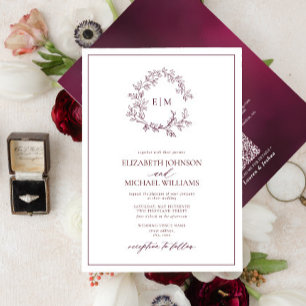 QR Code Burgundy Leafy Crest Monogram Wedding Invitation