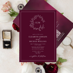 QR Code Burgundy Leafy Crest Monogram Wedding Invitation