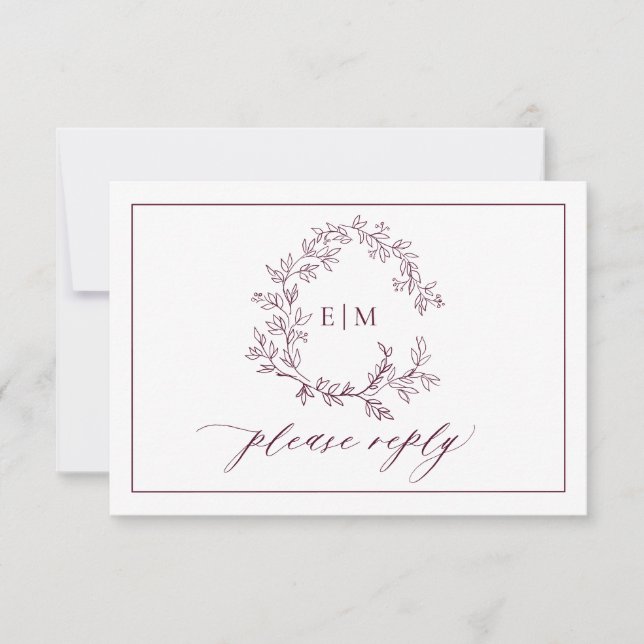 QR Code Burgundy Leafy Crest Monogram Wedding RSVP Card (Front)