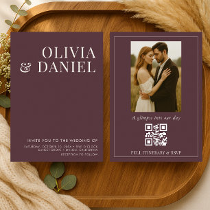 QR Code Burgundy Minimalist Photo Wedding Invitation