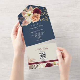 QR Code Burgundy Navy Floral Wedding All In One Invitation