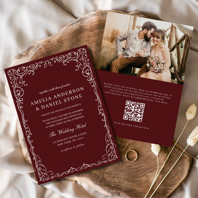 QR Code Burgundy Photo Minimalist Wedding Invitation (Creator Uploaded)