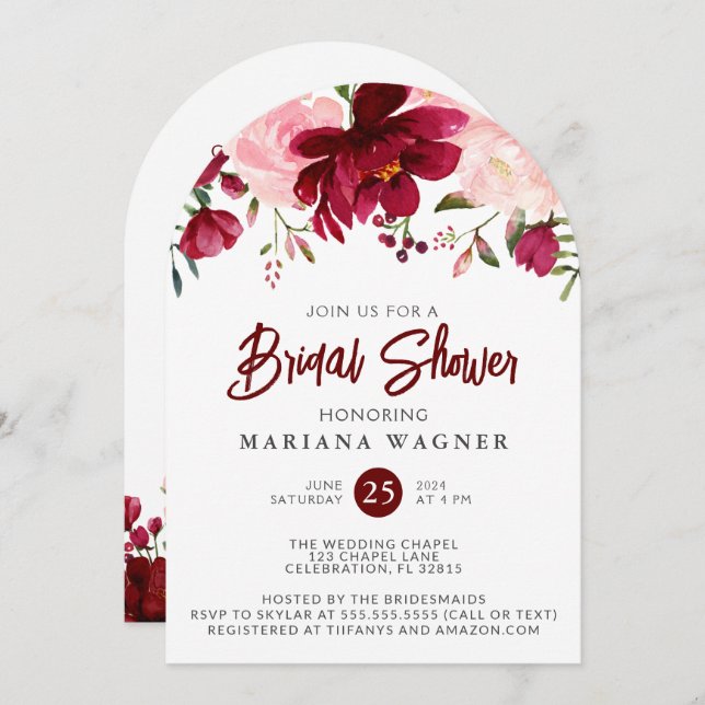 QR Code Burgundy Pink Floral Bridal Shower  Invitation (Front/Back)