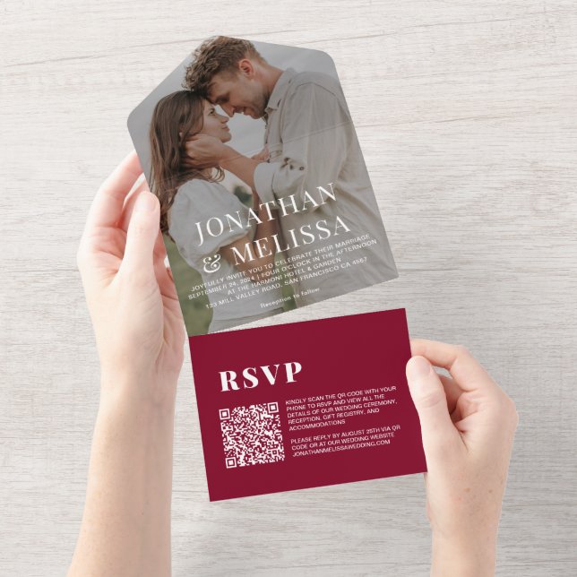 QR Code Burgundy Red Simple Overlay Photo Wedding All In One Invitation (Tearaway)