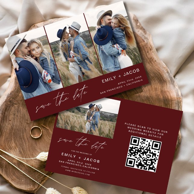 QR Code Burgundy Save the Date 4 Photo Elegant  (Creator Uploaded)