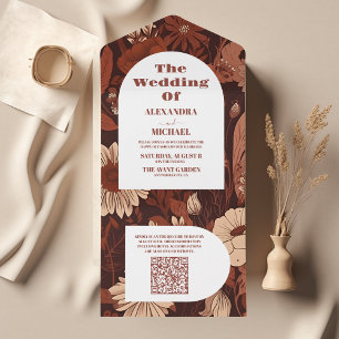 QR Code  Burgundy Wildflowers Wedding All In One Invitation