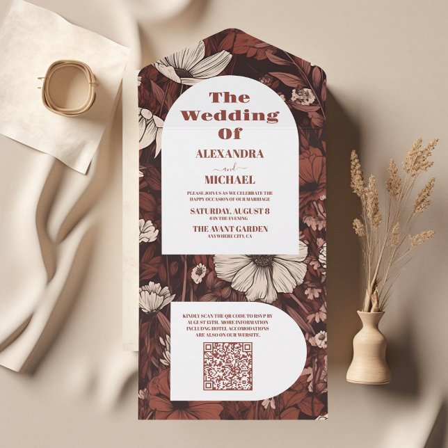 QR Code  Burgundy Wildflowers Wedding All In One Invitation (Creator Uploaded)