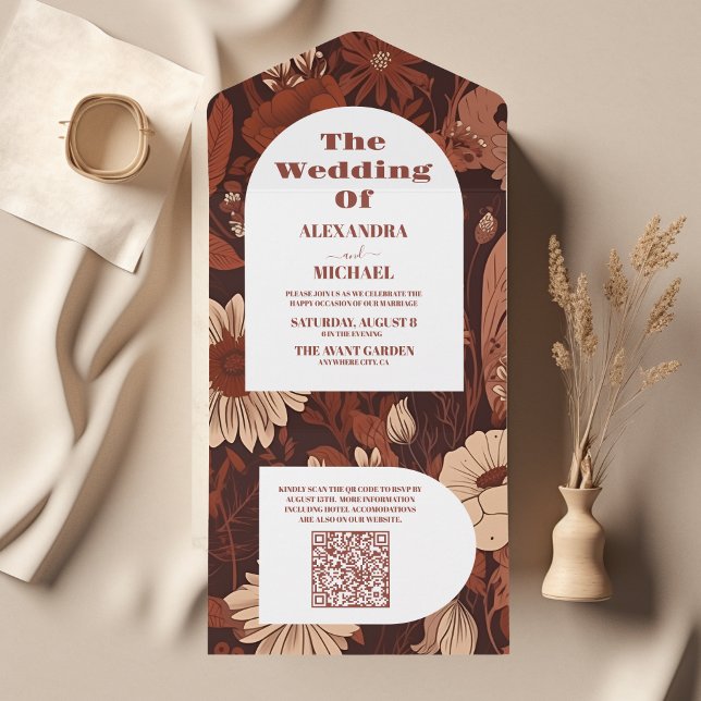 QR Code  Burgundy Wildflowers Wedding All In One Invitation (Creator Uploaded)