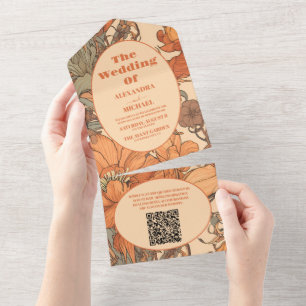 QR Code Burnt Orange Floral Art Nouveau Wedding All In One Invitation