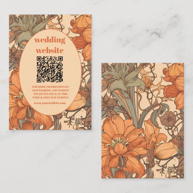 qr code Burnt Orange Floral Art Nouveau Wedding Enclosure Card (Front/Back)
