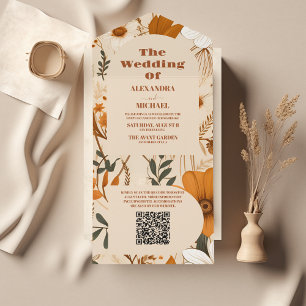 QR Code Burnt Orange Watercolor Wildflowers Weddin All In One Invitation