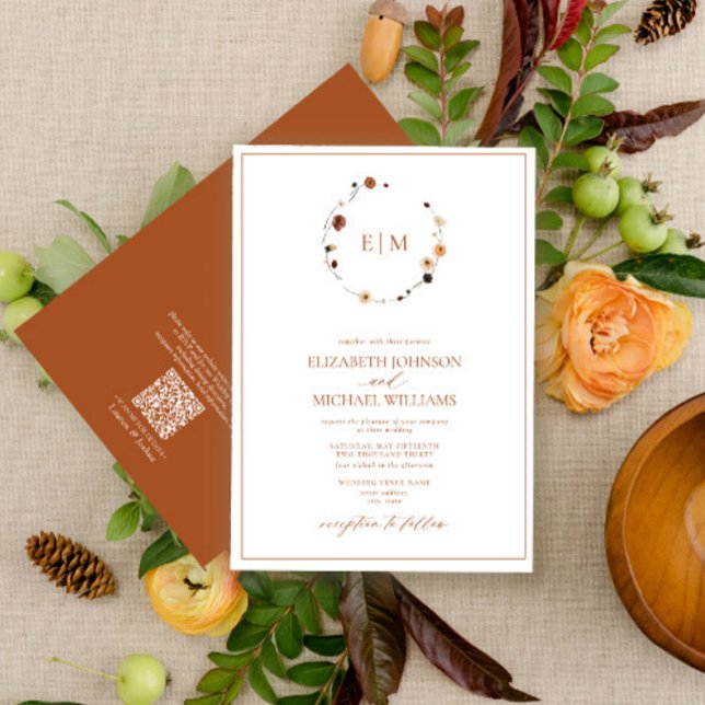 QR Code Burnt Rust Floral Wreath Monogram Wedding Invitation (Creator Uploaded)