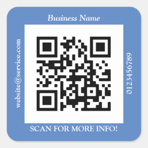 QR Code Bus. Name Website Promo, Blue Square Sticker