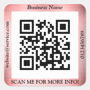 QR Code Bus. Name Website Promo, Brushed Rose Gold Square Sticker