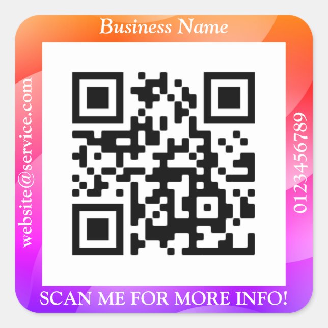 QR Code Bus. Name Website Promo, Geometric/Purple  Square Sticker (Front)