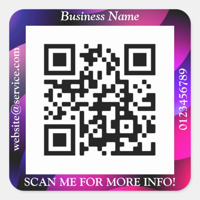 QR Code Bus. Name Website Promo, Geometric/Purple Square Sticker (Front)