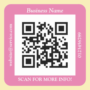 QR Code Bus. Name Website Promo, Pink Square Sticker