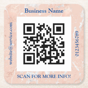 QR Code Bus. Name, Website Promo, Rose Gold Marble Square Paper Coaster
