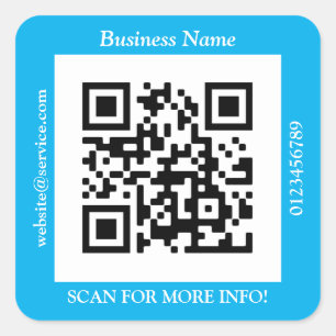 QR Code Bus. Name Website Promo, Sky Blue Square Sticker