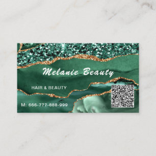 QR Code Business Card Agate Green Gold Glitter