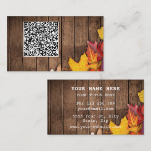 QR Code Business Card Autumn Leaves Wooden Board