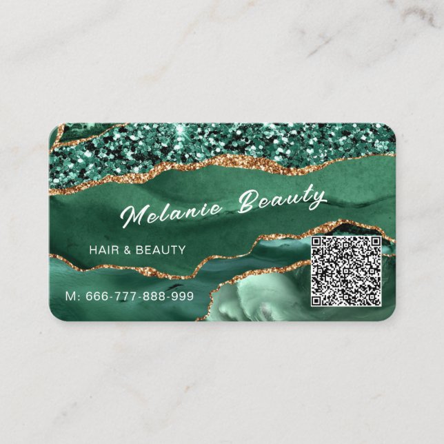 QR Code Business Card Emerald Green Gold Glitter (Front)