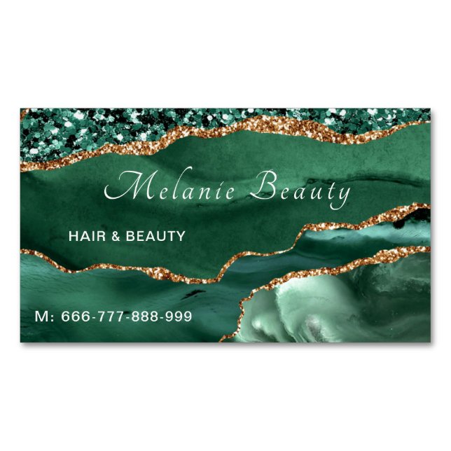 QR Code Business Card Magnet Agate Green Gold (Front)