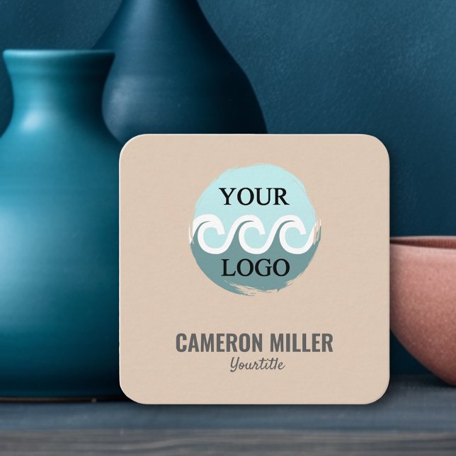 QR code business card, Soft beige Logo minimalist  Square Business Card (QR code business card, with logo, blush design)