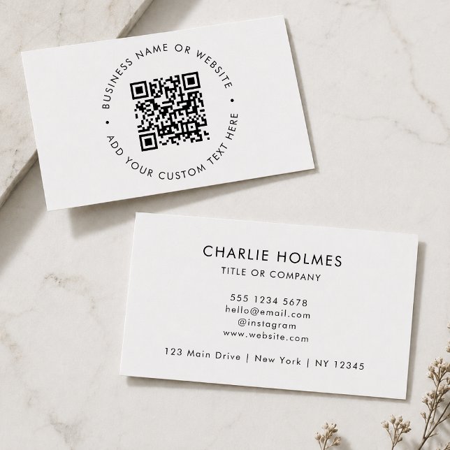 QR Code Business Cards | Custom White Minimal Card (Interactive editable QR code business cards to promote your business, products or services.)