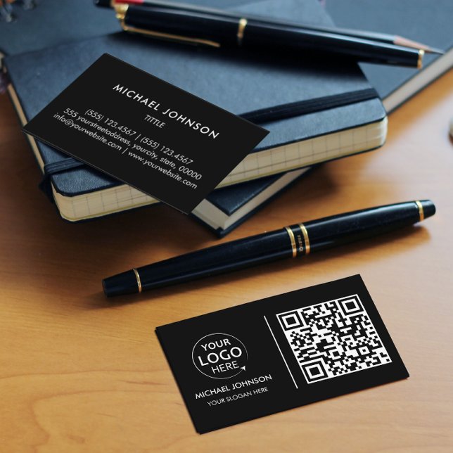 QR Code Business Custom Logo Black Modern Business Card (Creator Uploaded)