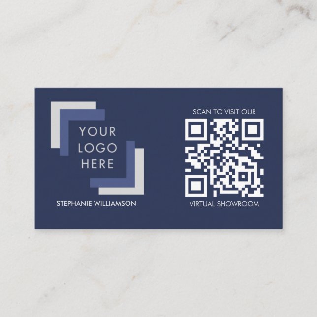 QR Code Business Custom Logo Navy Modern Card (Front)