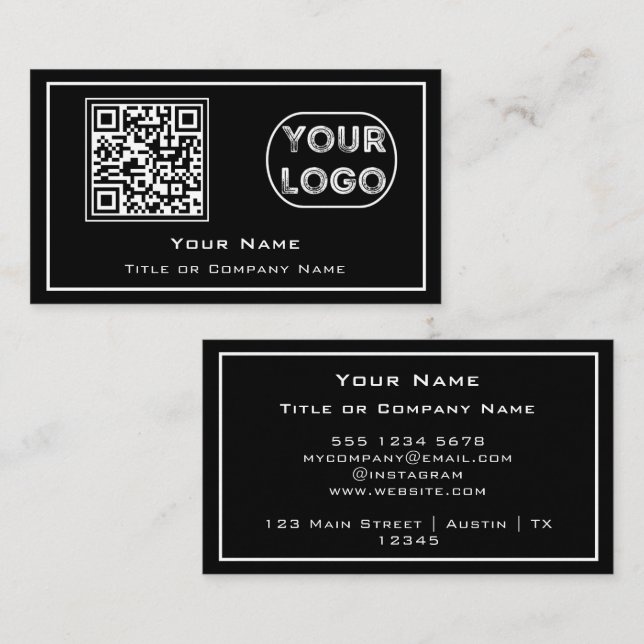 QR Code Business Logo Black Minimalist Business Ca Business Card (Front/Back)