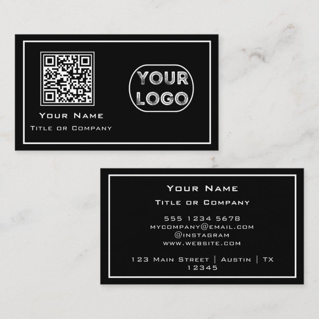QR Code Business Logo Black Minimalist Business Card (Front/Back)