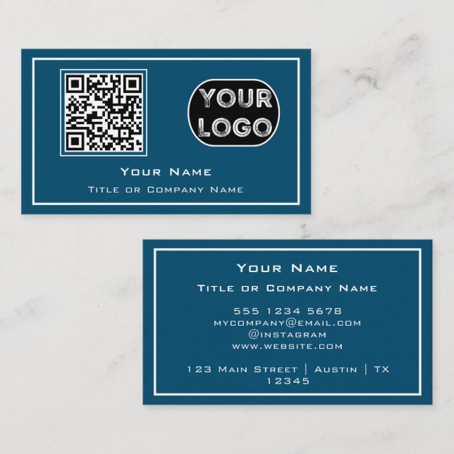QR Code Business Logo Blue Minimalist Card (Front/Back)
