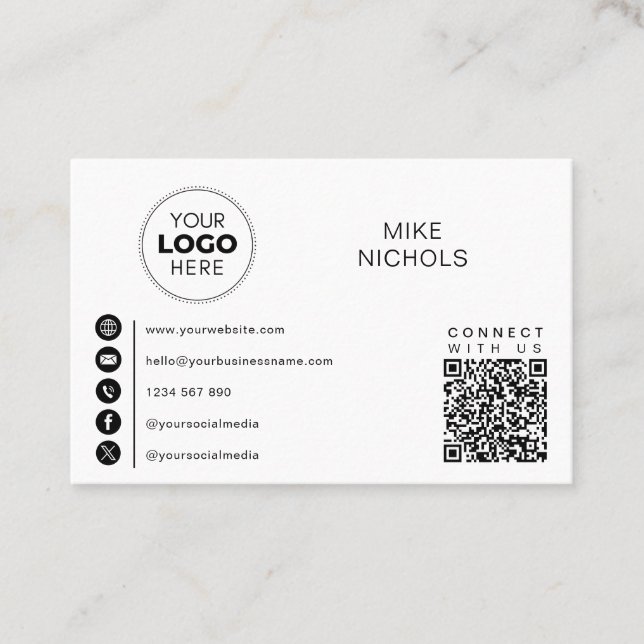 QR Code Business Logo Connect With Us Minimalist Card (Front)