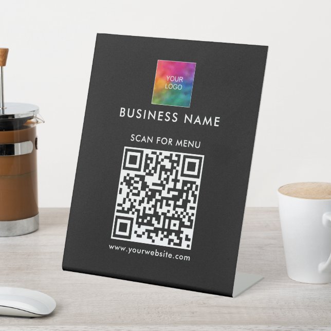 QR Code Business Logo Here Scan For Menu Black Pedestal Sign (In SItu)