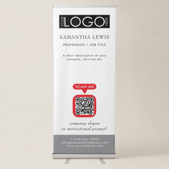 QR Code Business Logo Marketing Template White Retractable Banner (Front)