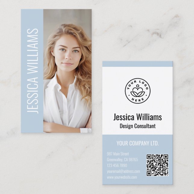 QR Code Business Logo Modern Professional Blue Business Card (Front/Back)