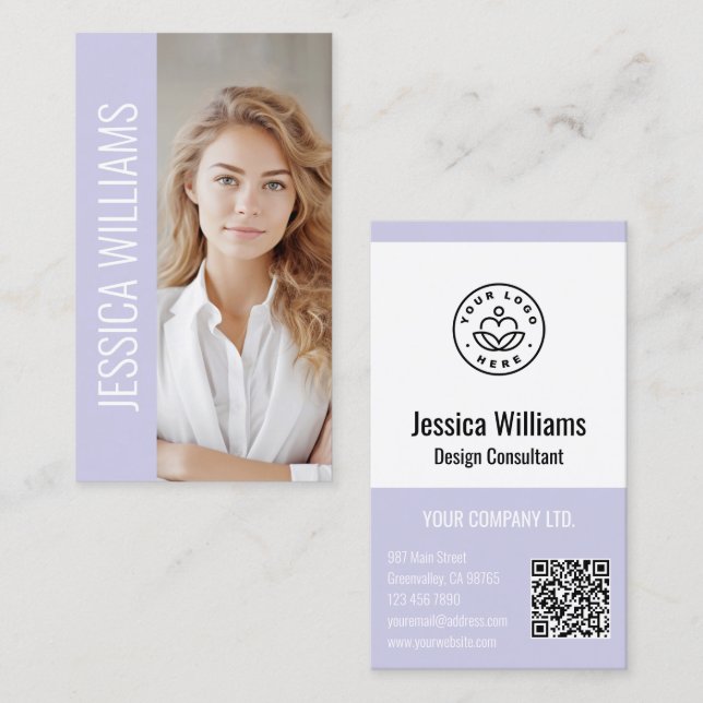 QR Code Business Logo Modern Professional Lavender Business Card (Front/Back)
