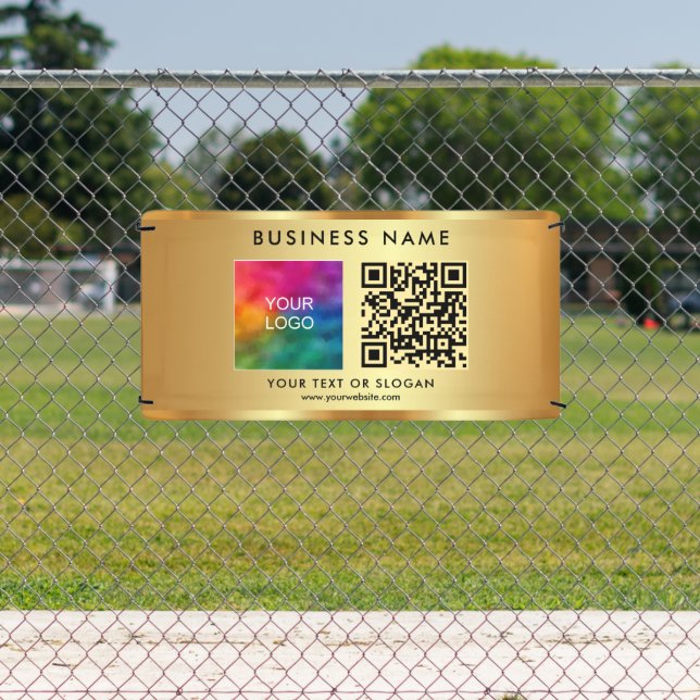 QR Code Business Logo Name Outdoor Custom Gold Banner (Insitu)