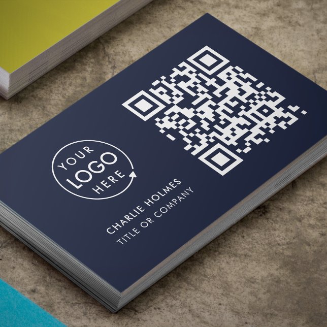 QR Code Business Logo | Navy Modern Professional Card (Navy blue QR code business card by Guava, perfect for modern professionals and small businesses)